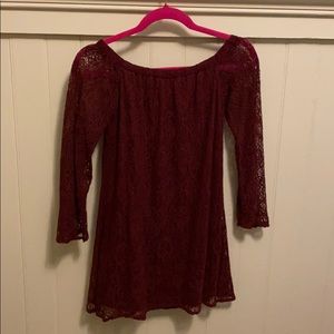 XS burgundy off the shoulder dress.
